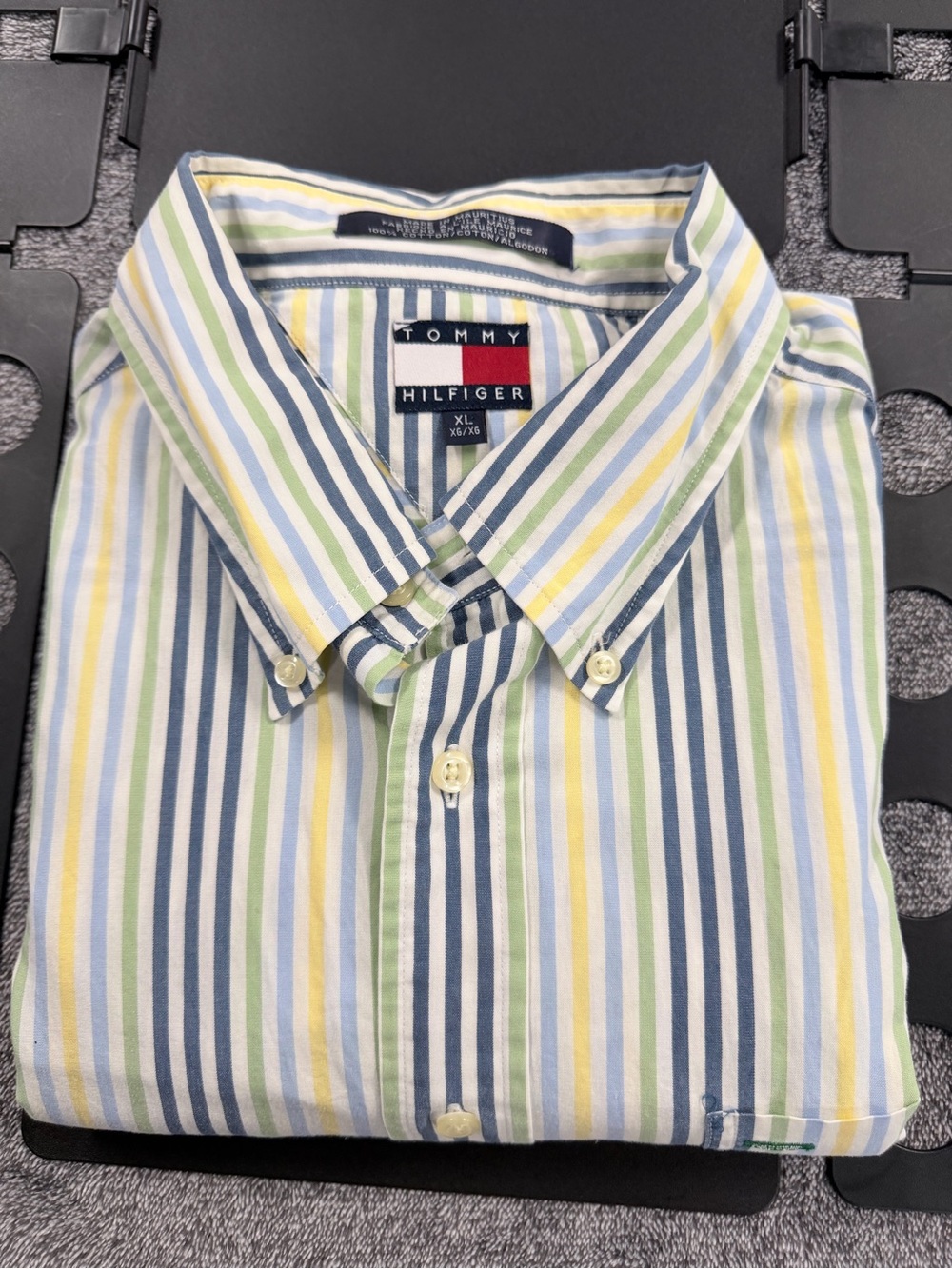 SKU 13Tommy Hilfiger Men’s Blue, Green, Yellow & White Striped Button-Down Shirt
